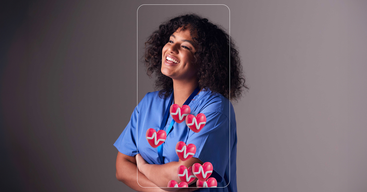 A female nurse in blue scrubs is smiling. She is framed by the thin white outline of a smartphone. Red heart icons with white healthlines on them are emanating from the smartphone outline
