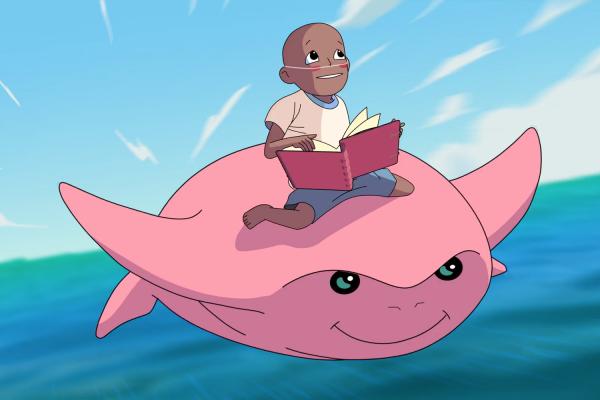 hand drawn illustration of a child reading a book while riding on the back of a pink sea creature