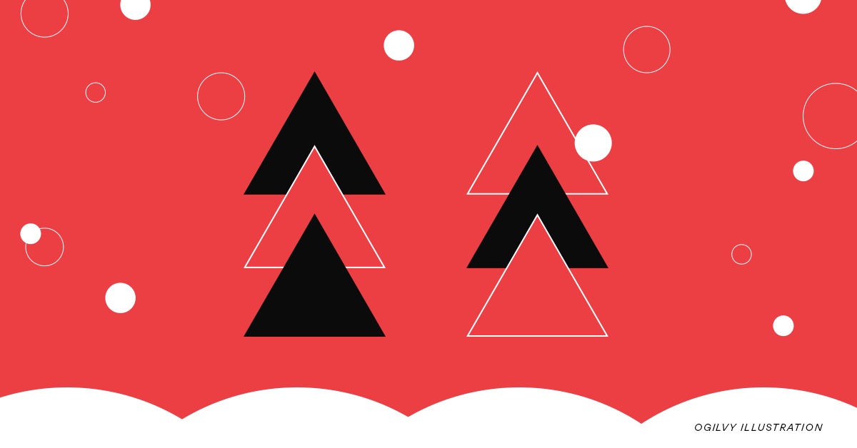 illustration of black and red triangles in the shape of christmas trees set against a red background with white circles invoking falling snow