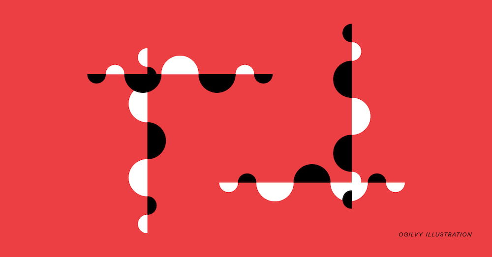 Abstract illustration of white and black semicirles against intersecting lines on a red background