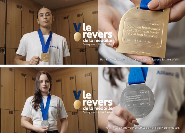 image of a man and woman both in white shirts with blue ribbon medals around their neck. to the right of the man is a zoomed in look at the gold medal on his chest which is engraved with "Mettre du breakdance aux JO est une honte ça pue trop la merde" with social media engagement icons. Next to the woman is a zoomed in photo of the Silver medal around her neck which is engraved with "Faut accrocher sa prothèse sur les tyroliennes géantes auusi"  with social media engagement icons  