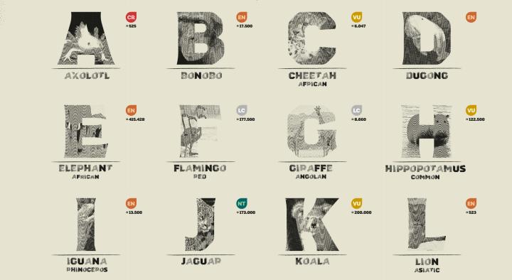 Letters A - L of the Endangered Typeface font