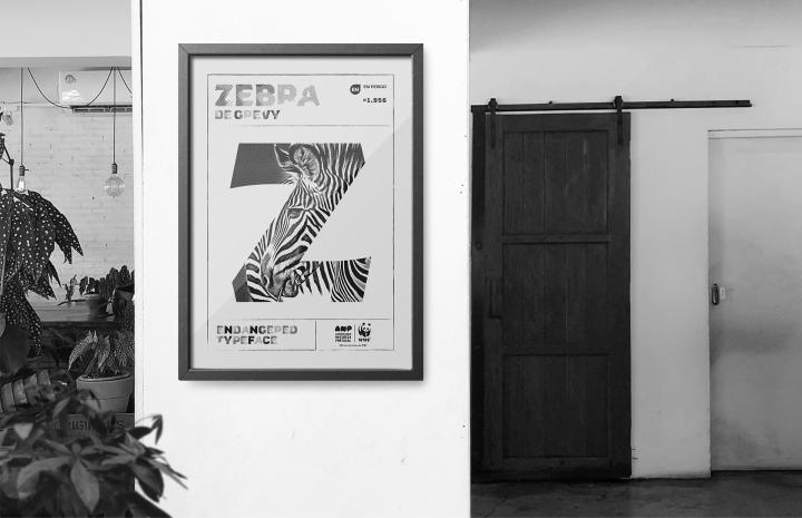Black and white photo of a Poster of the Endangered Typeface letter Z hung on a wall