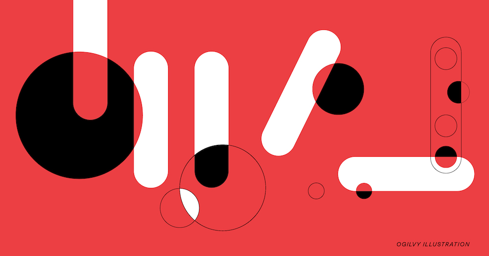 Original Ogilvy illustration of black circles and white tubes of varying sizes against a red background