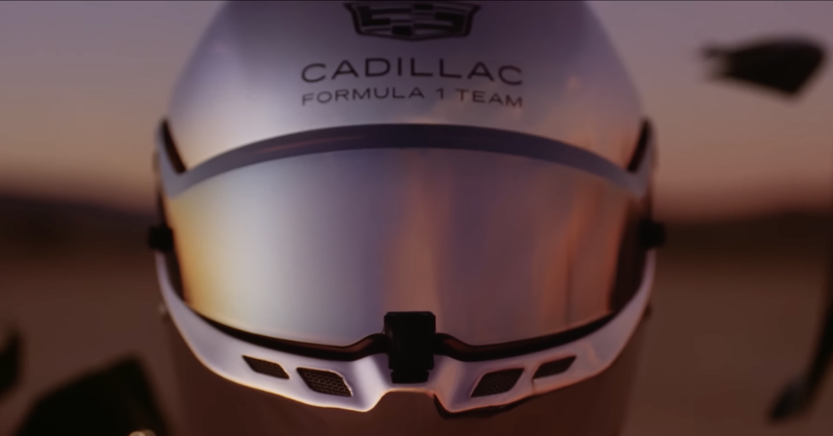 Racing helmet up close with "Cadillac Formula 1 Team" on it