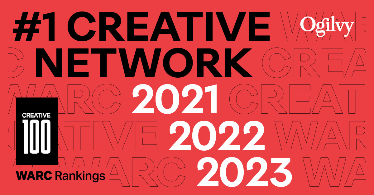 Red graphic with Ogilvy WARC Creative 100 #1 Creative Network 2021 2022 2023 copy in white and black font