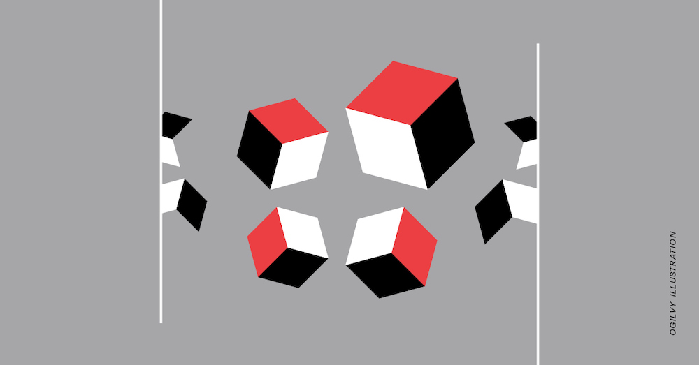 Ogilvy illustration of red black and white cubes