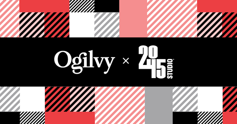 Ogilvy and 2045 Studio logos against red white and black tartan background