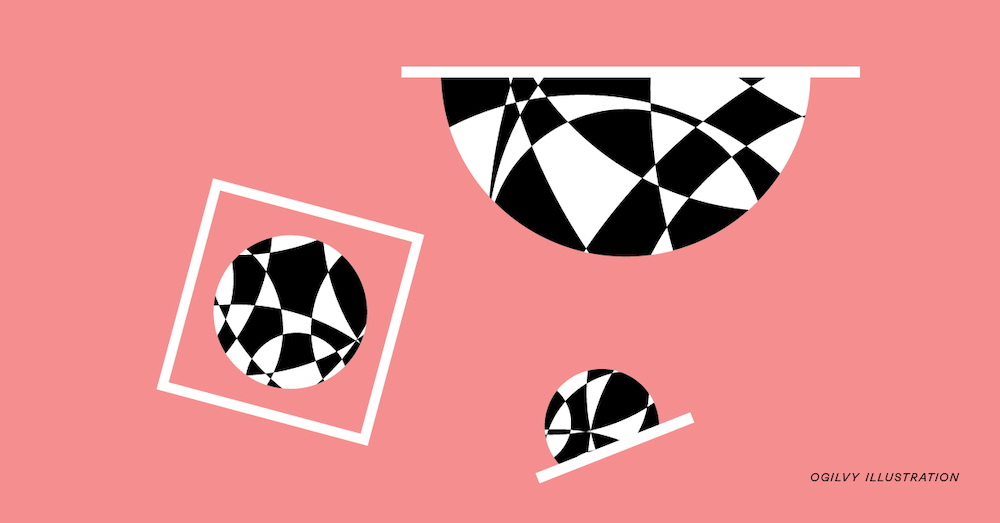 Ogilvy illustration of various black and white shapes against a pink background