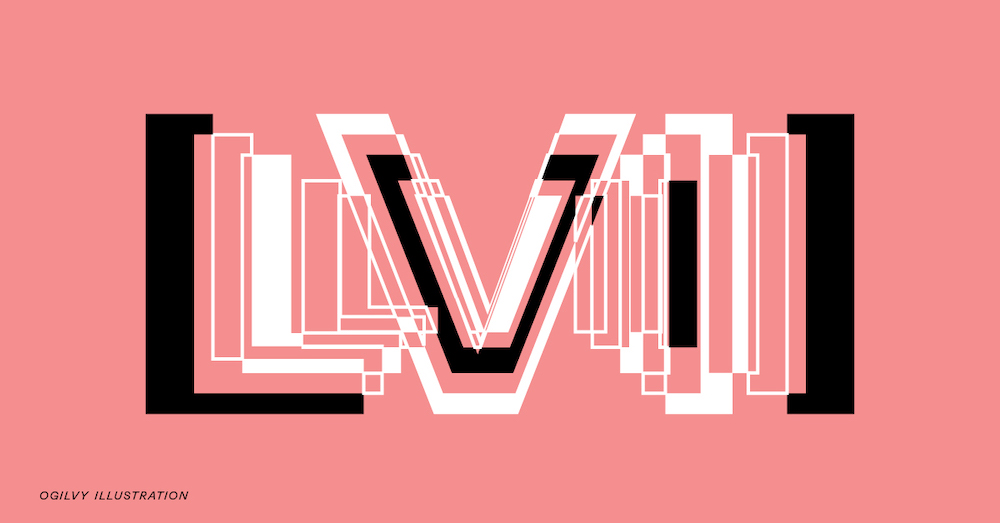 Abstract illustration of Black Roman Numerals LVII against a pink background
