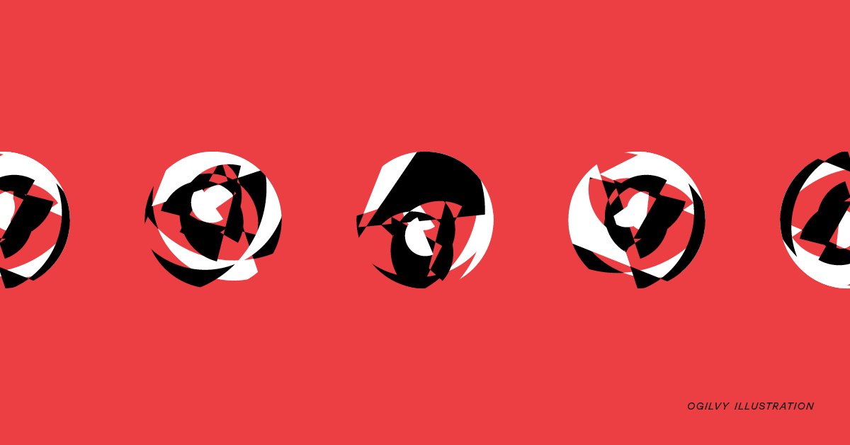 Ogilvy illustration of abstract white and black circles against red background