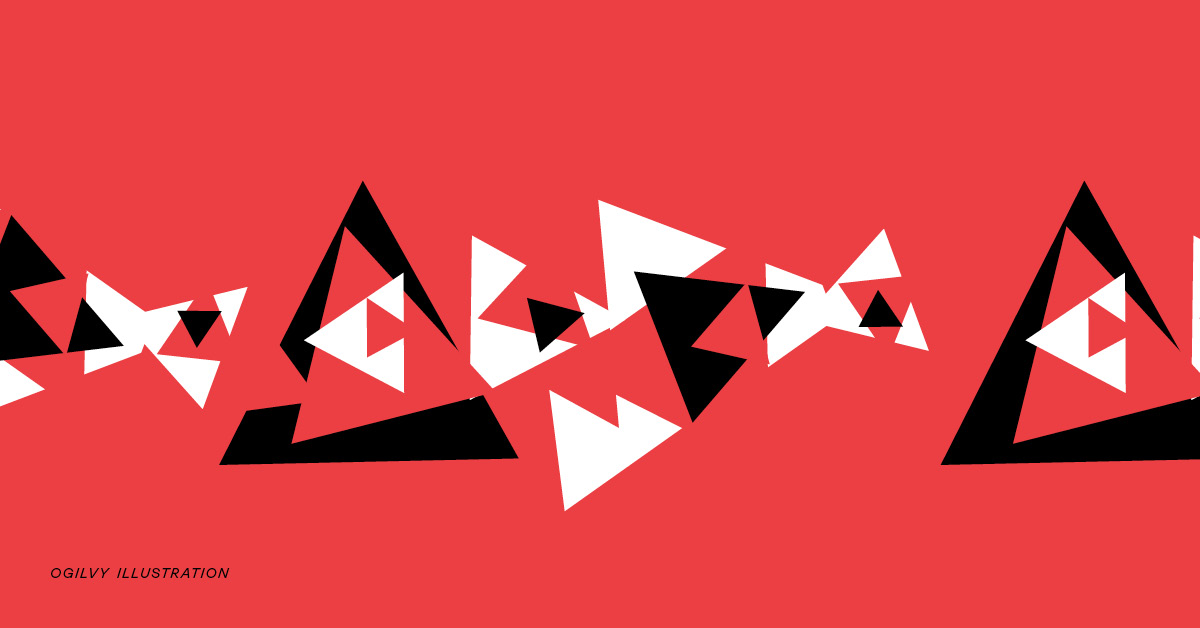 Illustration of white and black triangles against red background.
