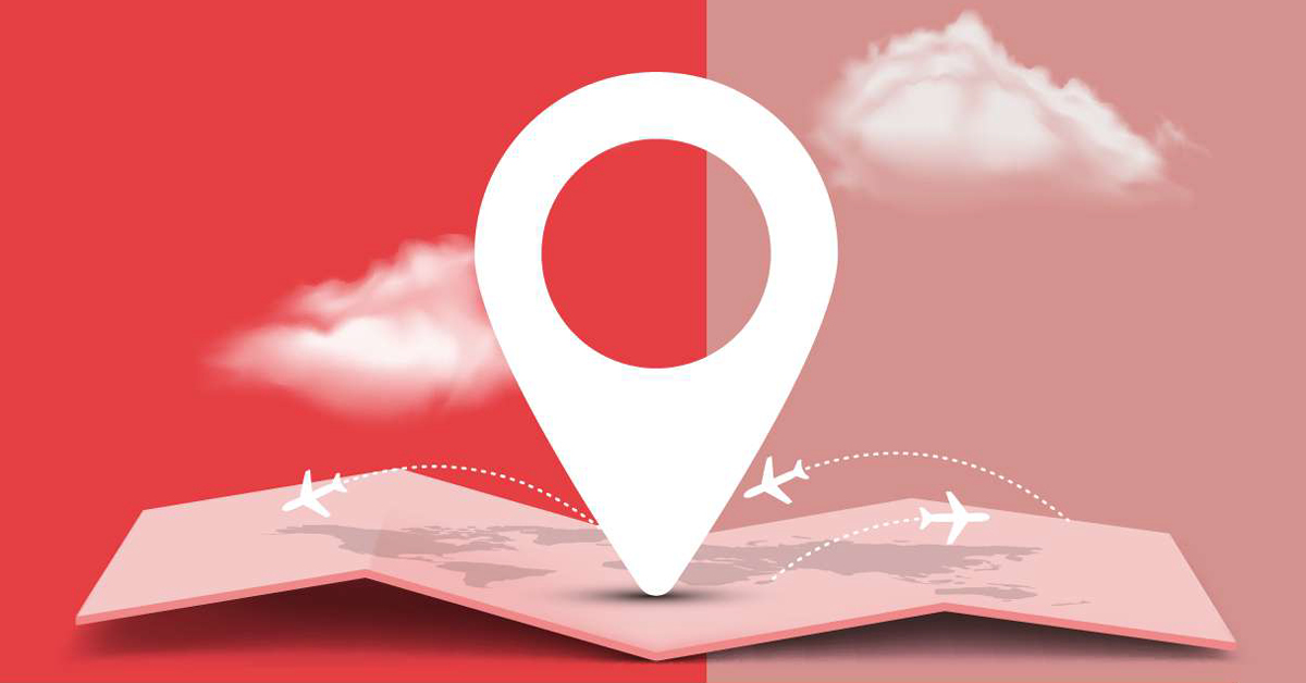 Illustration of white location pointer icon against red and pink background with small white airplane icons