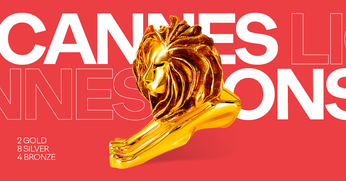 Ogilvy Cannes Day 1 Results image - 2 Gold, 8 Silver, 4 Bronze in white copy against red