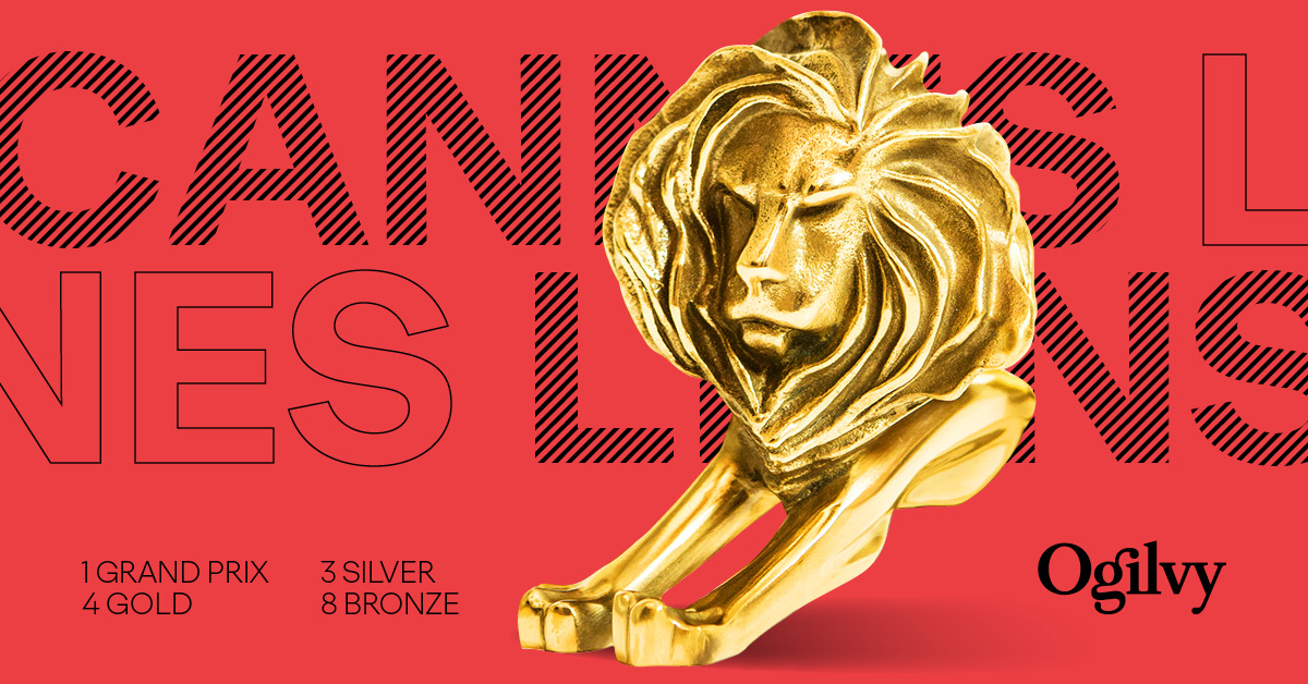 Red graphic with CANNES LIONS in black copy, with an image of a gold Cannes Lion trophy. Black type on the bottom left says "1 Grand Prix, 4 Gold, 3 Silver, 8 Bronze"