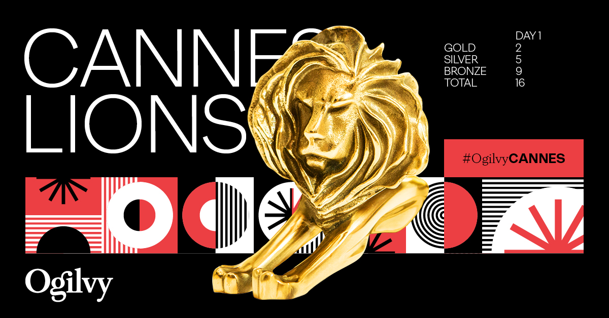 Ogilvy Cannes Lions Day 1 Graphic: 2 Gold, 5 Silver, 9 Bronze, 16 total Lions