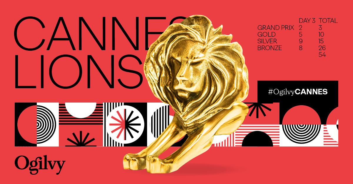 Ogilvy's Cannes Lions Day 3 tally graphic featuring a gold lion trophy against a bold red background with geometric black, white, and red patterns. Text displays award totals: 3 Grand Prix, 10 Gold, 15 Silver, and 26 Bronze lions, with 54 total. Hashtag #OgilvyCANNES featured prominently. Ogilvy logo in bottom left corner.