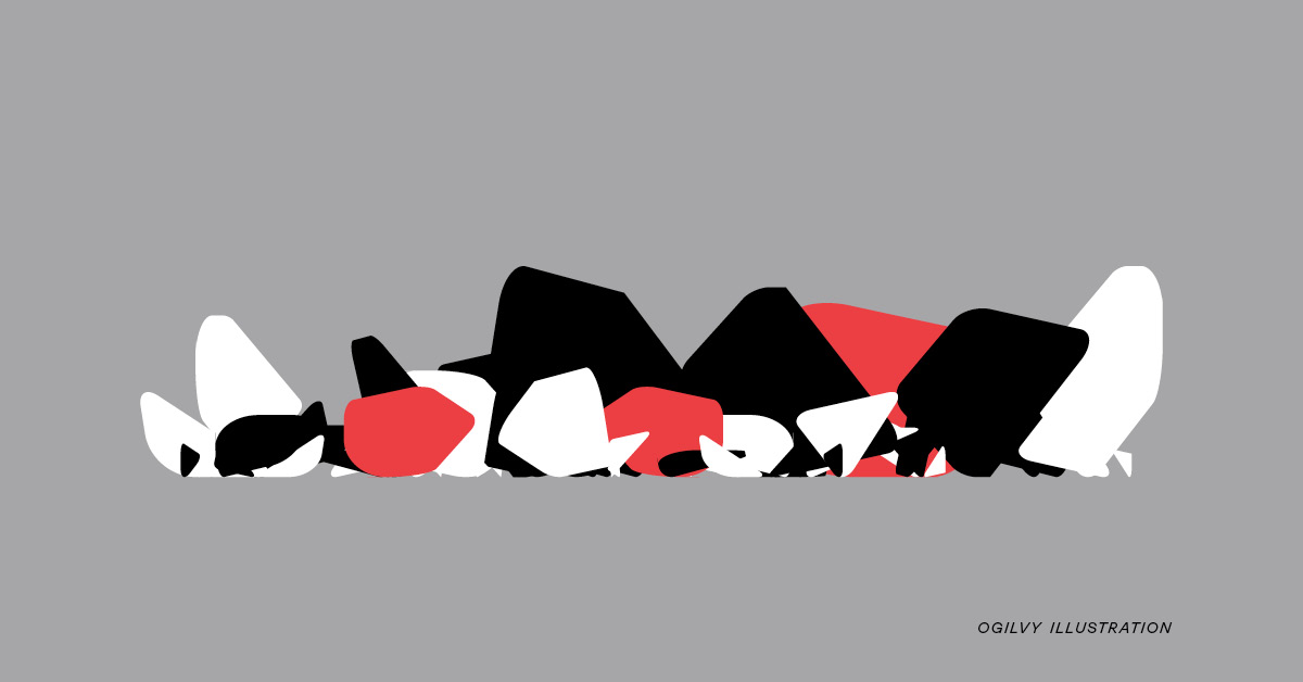 Abstract iullustration of red, white and black layered shapes across the middle of the frame against a gray background.