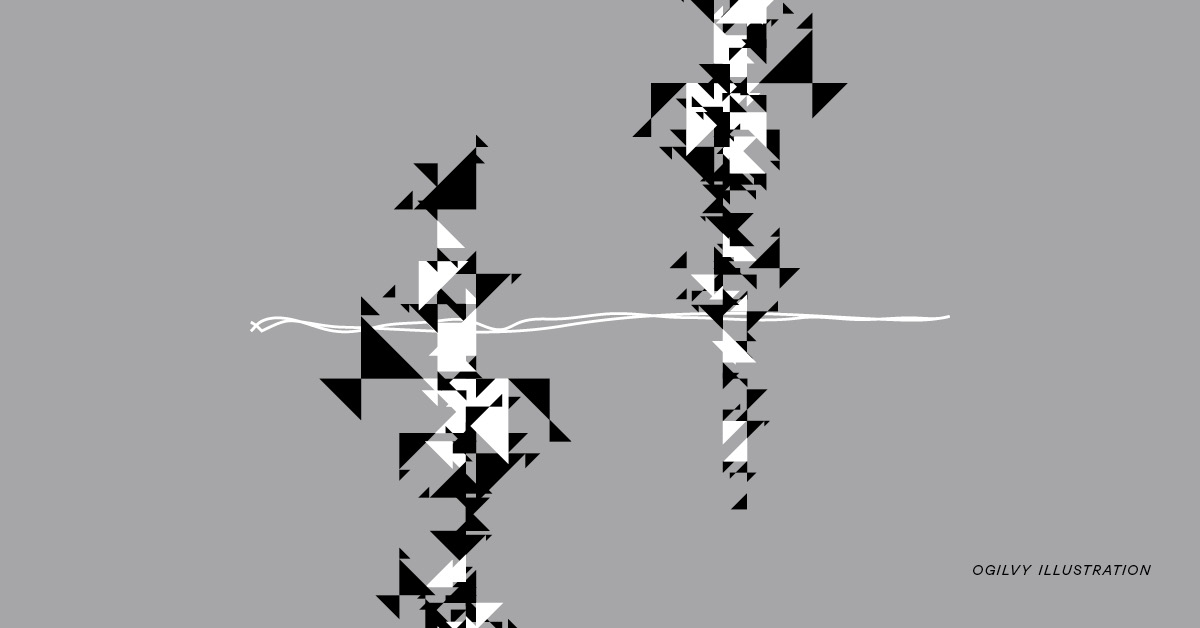Abstract Ogilvy illustration of black and white shapes against gray background