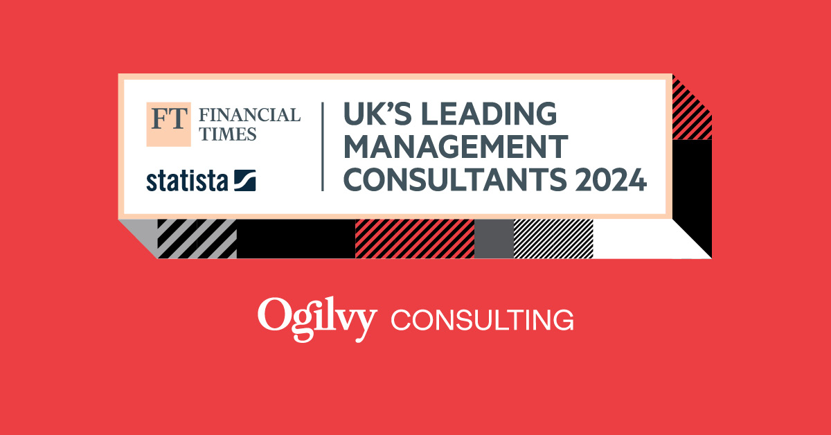 Red banner with Financial Times and Statista logos next to text box that says "UK's Leading Management Consultants 2024" above Ogilvy Consulting logo in white type