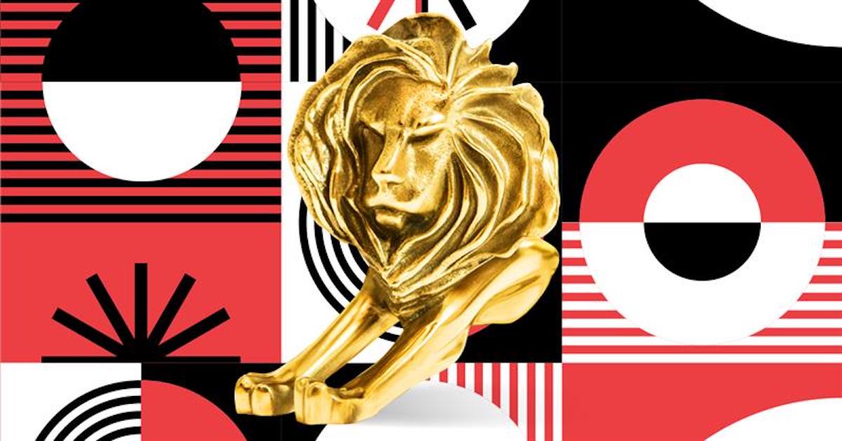 Gold Canes Lions trophy; red black and white backround with various patterns and shapes