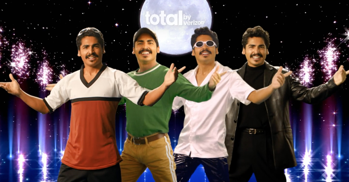 Repeating image of man in 4 different outfits in same arms-out pose against a background of a night sky with a moon that says "total by Verizon" on it