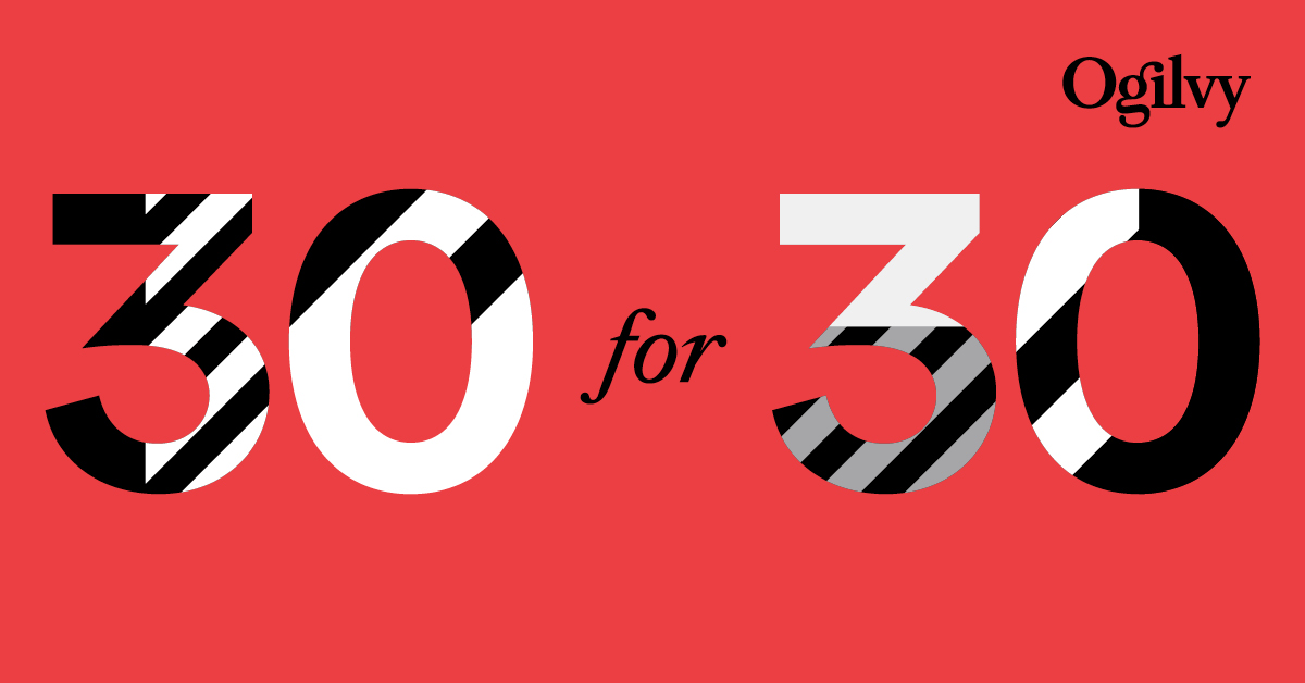 red graphic with "30 for 30" in black and white and gray tartan pattern in the middle, and a black Ogilvy logo in the top right corner