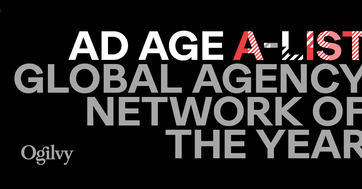 Ad Age A-List Global Agency Network of the Year in white and gray capitalized type with an Ogilvy logo in the bottom left corner in gray type against a black background