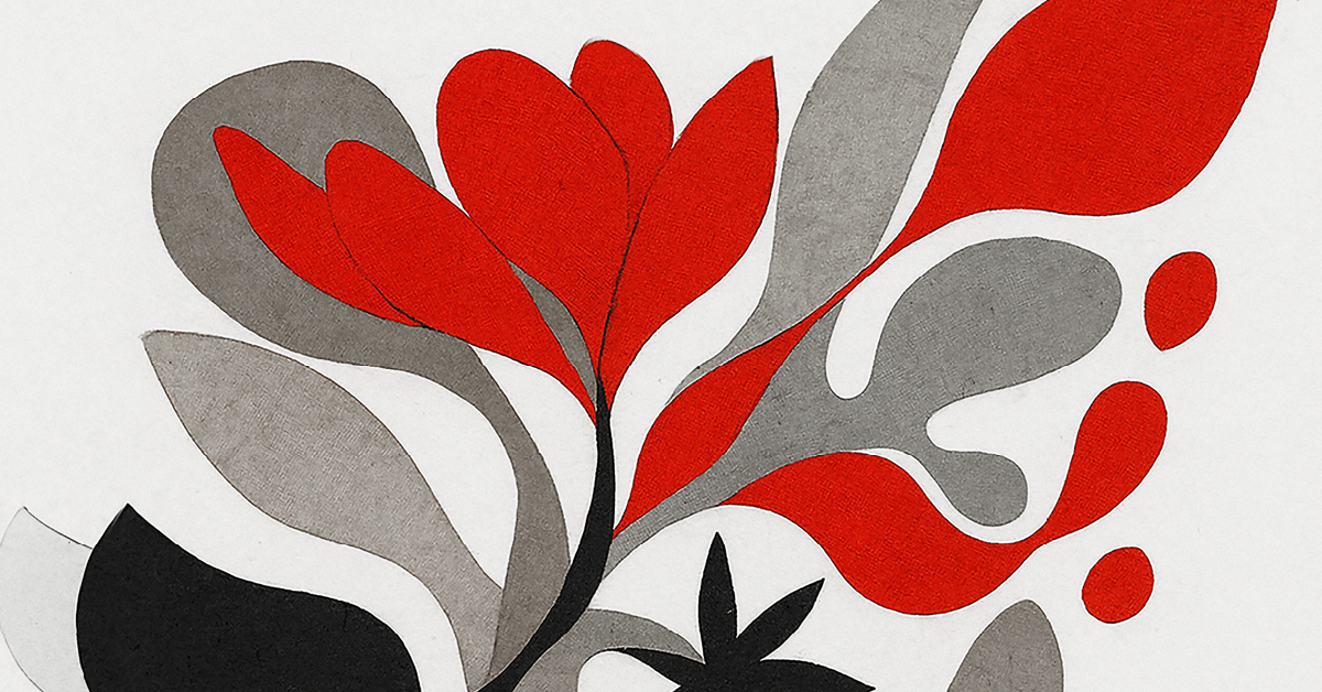 An abstract illustration features a central flower-like shape with red petals and a black stem, surrounded by flowing, organic shapes in shades of gray, black, and red, all against a white background.