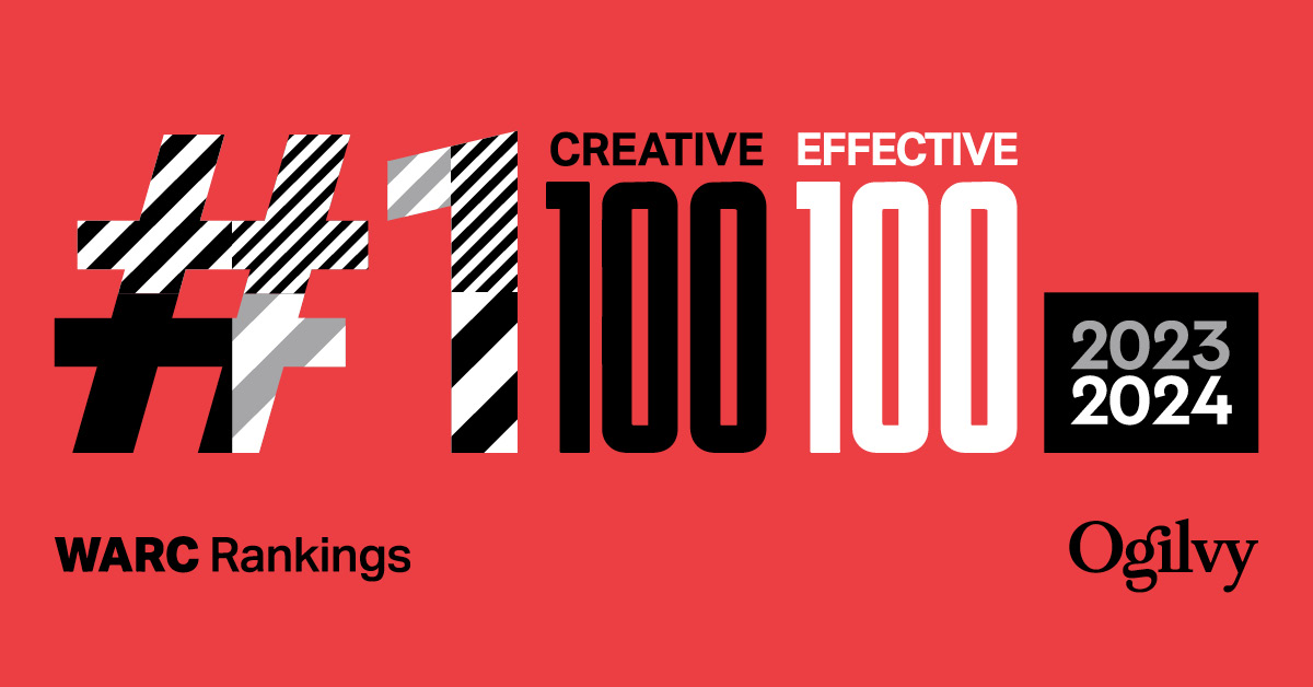 Red banner with #1 in large tartan text and Creative 100 in black text, with Effective 100 in white text. on the right a small black box with 2023 and 2024 in white text. "WARC Rankings" and Ogilvy logo in black text in bottom left and right respectively