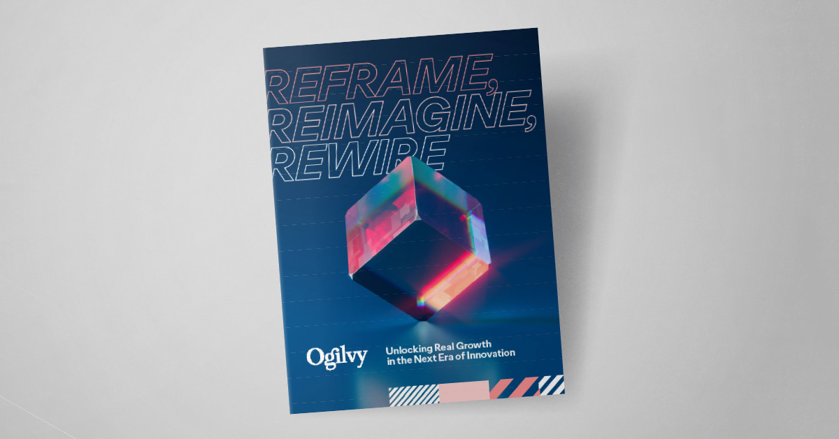 Image of the cover of the report "Reframe Rewire Reimagine: Unlocking Real Growth in the Next Era of Innovation" against a gray background