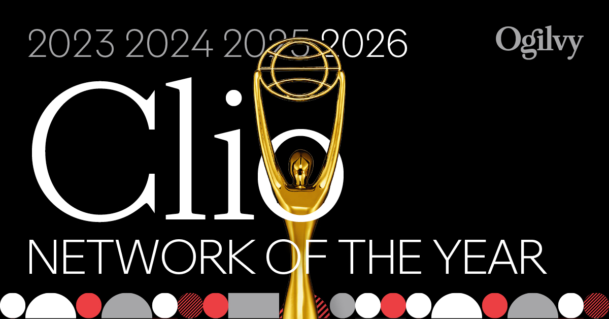 Ogilvy graphic with Clios trophy image and the years 2023, 2024, 2025, and 2026 listed in large type with Network of the Year in large type