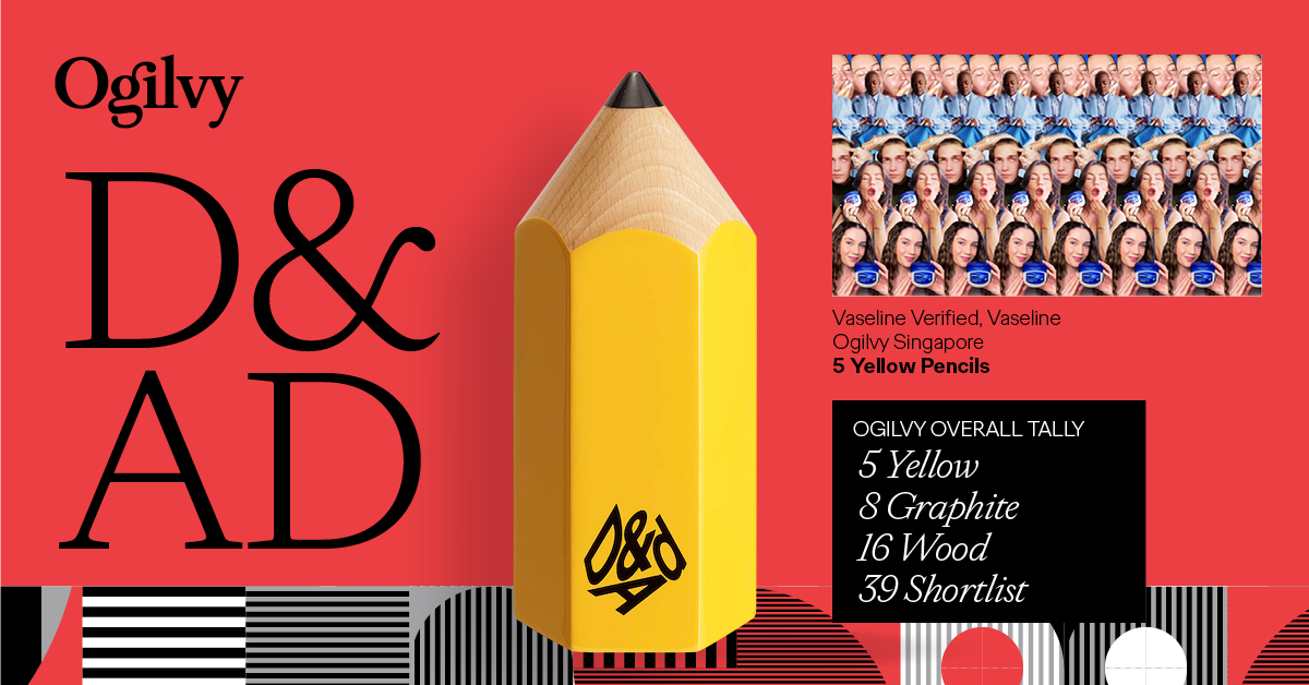 Red banner with black Ogilvy logo. "D&AD" in black large copy, with an image of the D&AD Yellow Pencil trophy in the middle. On the right is an image from the Vaseline Verified campaign, with copy below "Vaseline Verified, Vaseline. Ogilvy Singapore, 5 Yellow Pencils". Below is a black box with white type "Overall Ogilvy Tally: 5 Yellow, 8 Graphite, 16 Wood, 39 Shortlists"