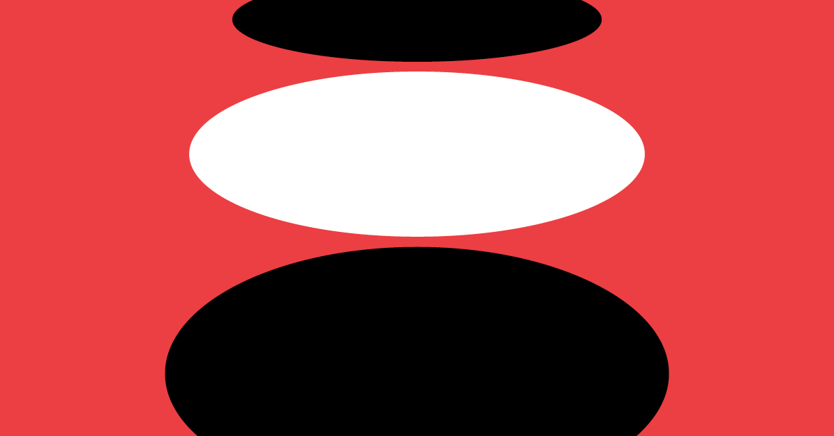 red background with white oval in middle, one black oval on top and one on bottom