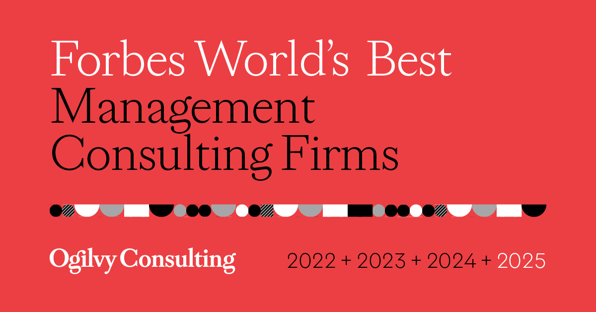 red banner with Ogilvy Consulting Named One of the World’s Best Consulting Firms by Forbes for Fourth Consecutive Year on it in white and black type
