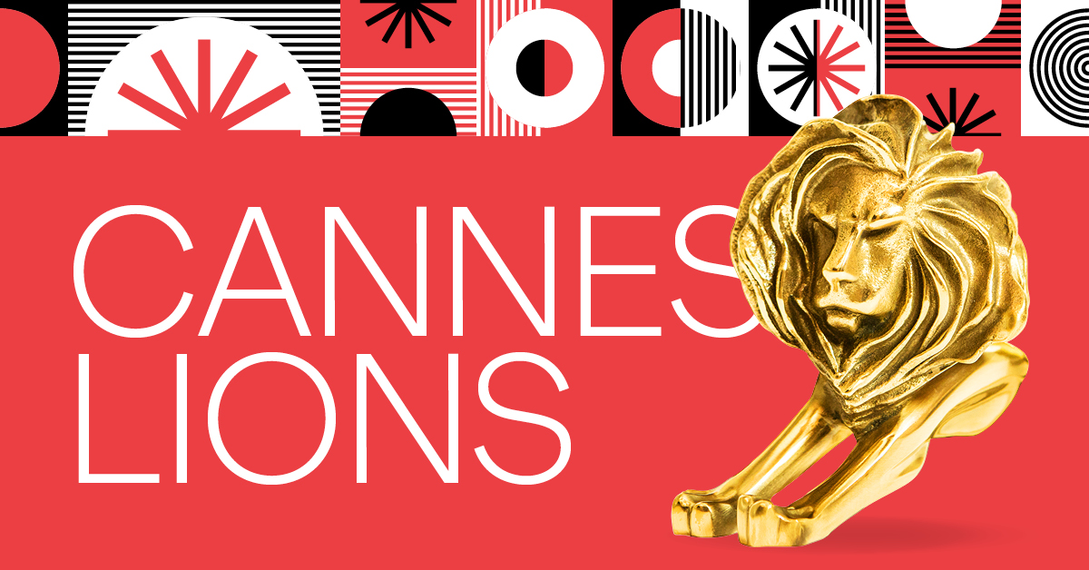 Red graphic with "Cannes Lions" in white caps copy. On the right is a gold Cannes Lions trophy. The top has a modern tartan pattern border with black and white shapes and lines.
