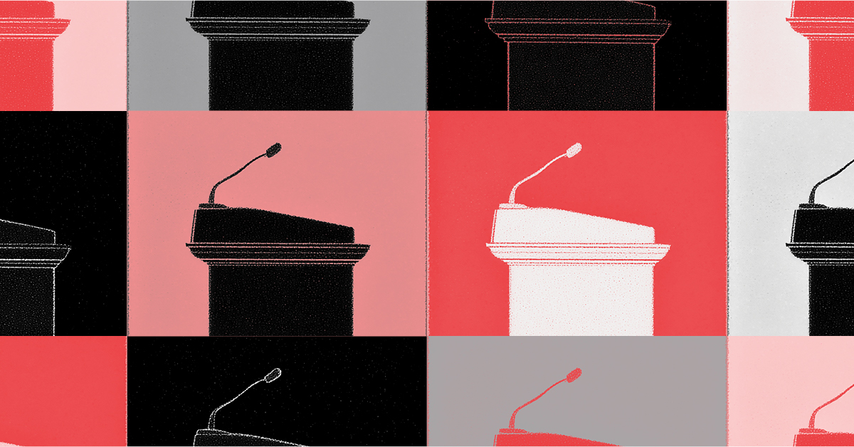 A pop art-style grid of 16 squares (4x4). Each square features either a full or partial silhouette of a speaker's podium with a microphone, or a solid color block. The colors alternate between black, white, various shades of red (from light pink to deep red), and gray. Podiums are depicted in black or white, often contrasting with their background color. The image has a grainy, textured appearance.