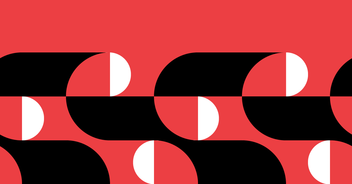 Illustration against a red background with interwoven black and white patterning