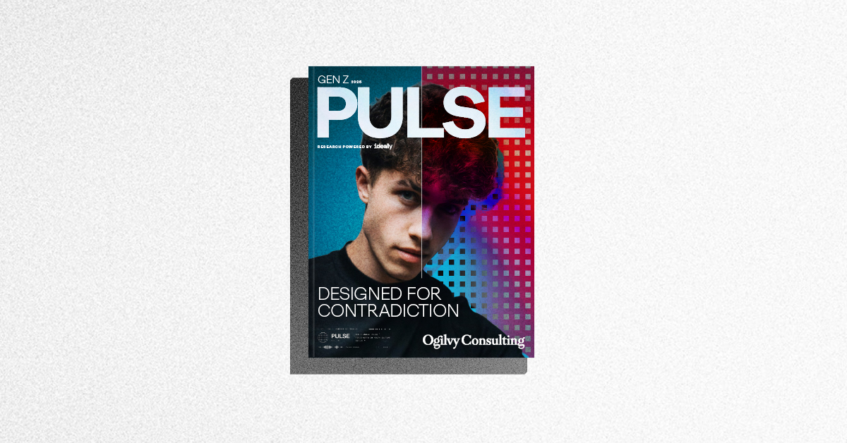 Flat cover layout of the Ogilvy Consulting report titled "GEN Z 2026 PULSE: Designed for Contradiction." The cover features a split-tone portrait of a young man against a blue and magenta-red grid pattern background, with text reading "Research powered by ideally."