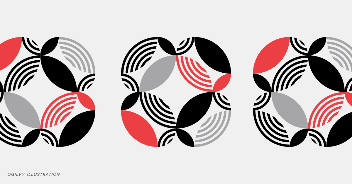 Abstract illustration with 4 red and black interlocking circular shapes