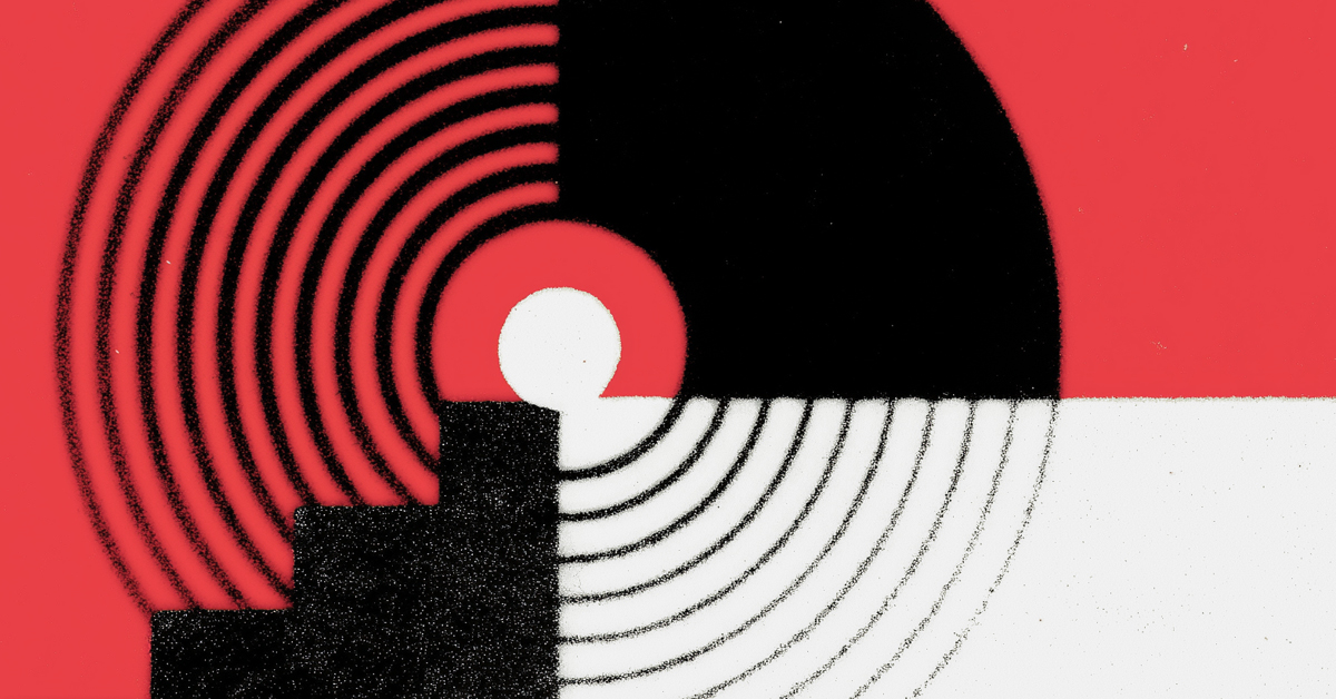 An abstract geometric design in red, black, and white with a textured, grainy appearance. It features concentric arcs in the top-left (black on red) and bottom-right (black on white) quadrants, contrasted by solid black in the top-right and a black stepped shape on white with arcs in the bottom-left. A red arc surrounds a white circle at the center.