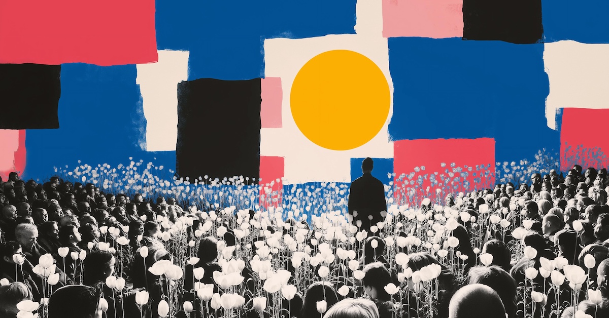 I  A surreal image depicts a large crowd of people, rendered in black and white, seated amidst a field of white flowers. In the background, a vibrant abstract sky is painted with blocks of blue, red, black, and white, featuring a prominent yellow circle in the center. A lone figure stands with their back to the viewer, facing the yellow circle.
