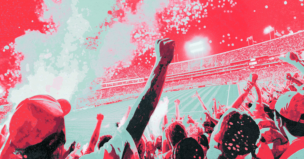 REd and white abstrance illustration of fans celebrating at a sporting event