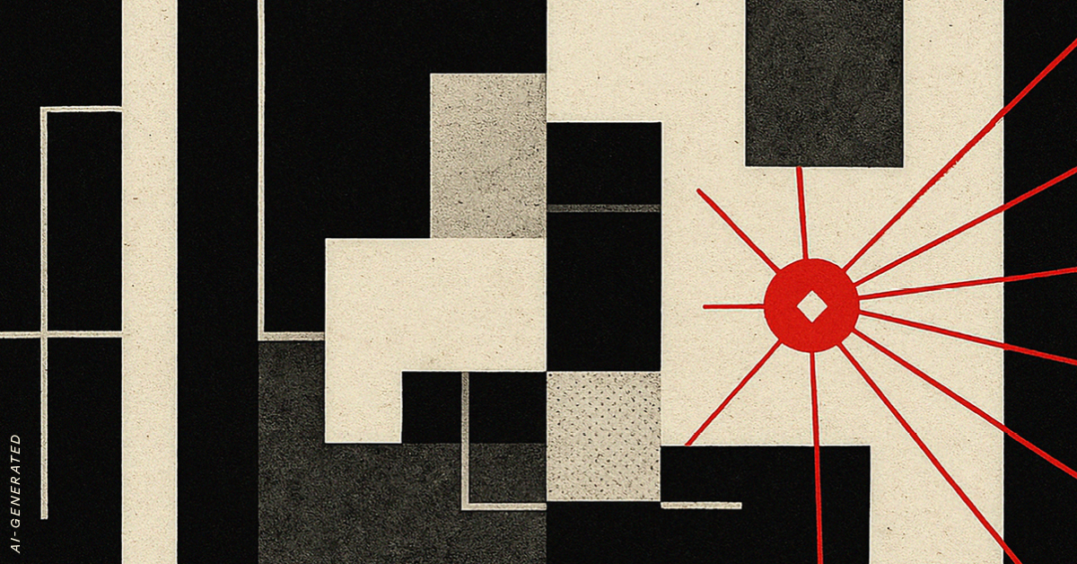 An abstract, AI-generated image with a textured, off-white background. The image is composed of black and off-white geometric shapes, including rectangles and squares, arranged in a layered and overlapping fashion. Some of the black shapes have a subtle texture, while others are solid. On the right side of the image, a red circle with a small red diamond in its center is depicted, from which thin red lines radiate outwards like spokes of a wheel, extending towards the edges of the image. The words "AI-GENERATED" are written vertically in small, black capital letters on the left side of the image.
