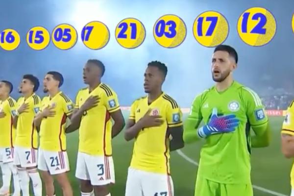 Photo of the Colombian national football team lined up, hands on heart, for the National Anthem. Above each player is a graphic of a yellow ball with a blue number inside it, akin to a lottery ball, corresponding to their jersey number