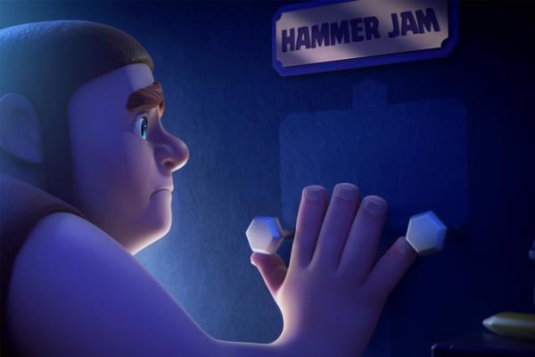 video game character with their hand on a wall underneath a sign that says "Hammer Jam"