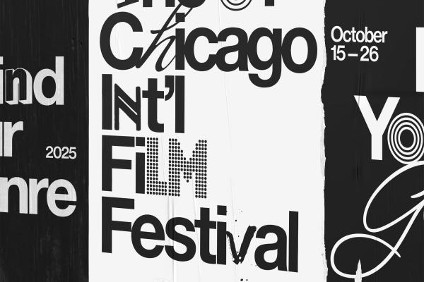 Find your Genre — Chicago International Film Festival Close-up of a white poster with stylized black text. The text reads "The 61st Chicago Int'l Film Festival" with "Film" appearing pixelated, and "Find Your Genre 2025". The poster shows visible creases and texture.