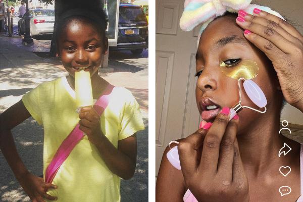 Split screen image of two 10 year old girls. On the right a girl is happily enjoying an ice pop. On the right, a girl is applying an anti-aging skin routine