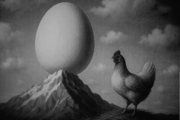 A black and white surreal image depicts a large, smooth, oval egg resting precariously on the peak of a jagged, rocky mountain. In the foreground, to the right, a hen with dark plumage and a comb stands on a textured ground, looking towards the giant egg. The sky behind them is cloudy and dark.