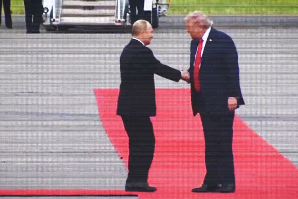 Image of Vladimir Putin extending hand to Donald Trump on a red carpet on a runway